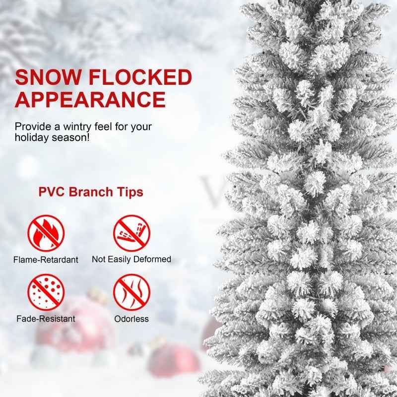 PVC Flocked Pencil Christmas Tree - 6ft-7ft Slim Snow-Covered Design