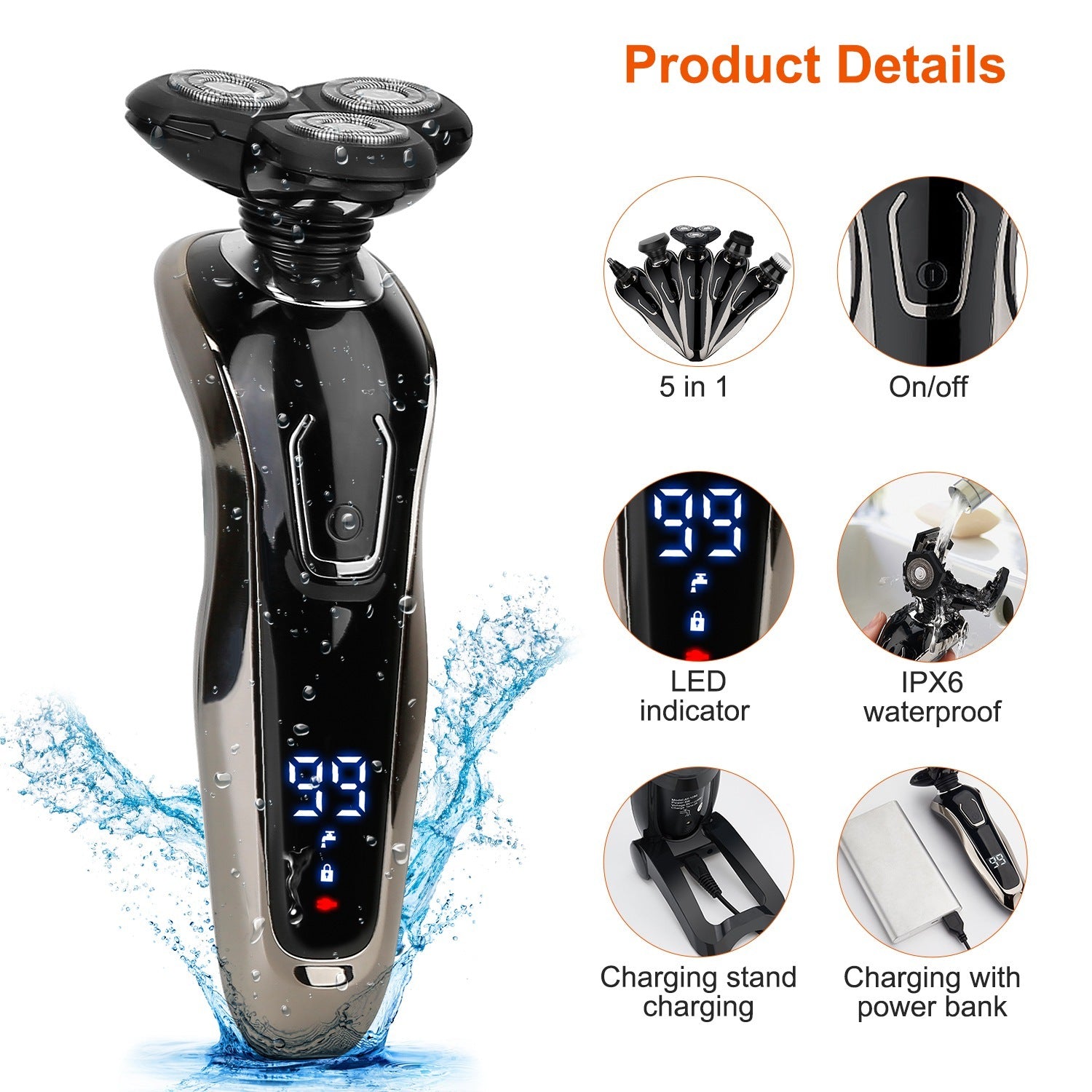 1Pack 5 In 1 Electric Razor Shaver Rechargeable Cordless Head Beard Trimmer Shaver Kit IPX6 Waterproof Dry Wet Grooming Kit - DropOnline.co