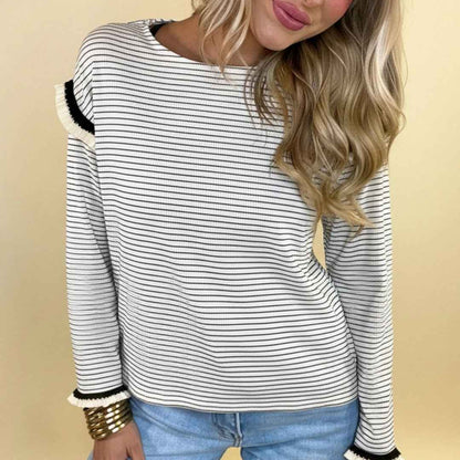 Women's Casual Color-block Striped Round-neck Loose Top