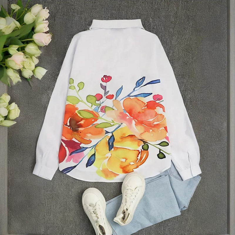 Women's Notch Lapel Long Sleeve Blouse With Colorful Floral Print - Chest Pocket Button-Up Shirt For Spring&Fall - DropOnline.co
