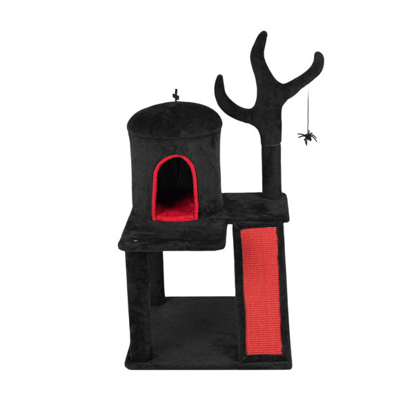 Gothic Cat Tree, Halloween Cat Tower Cat Tree With Spacious Cat Condo, Brach Shaped Scratching Post, Scratching Ladder, Spider Toy For Indoor Cats, Red & Black - DropOnline.co