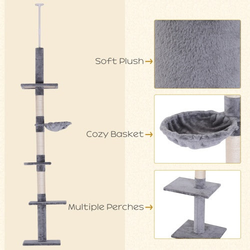 PawHut 9' Adjustable Height Floor-To-Ceiling Vertical Cat Tree - Grey And White - DropOnline.co