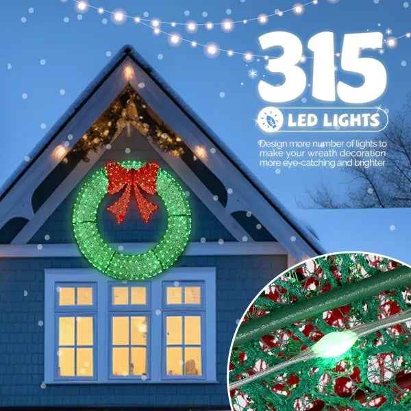 48in Pre-Lit Christmas Wreath - 315 LED Outdoor Decoration with Red Bow & Timer Remote - DropOnline.co