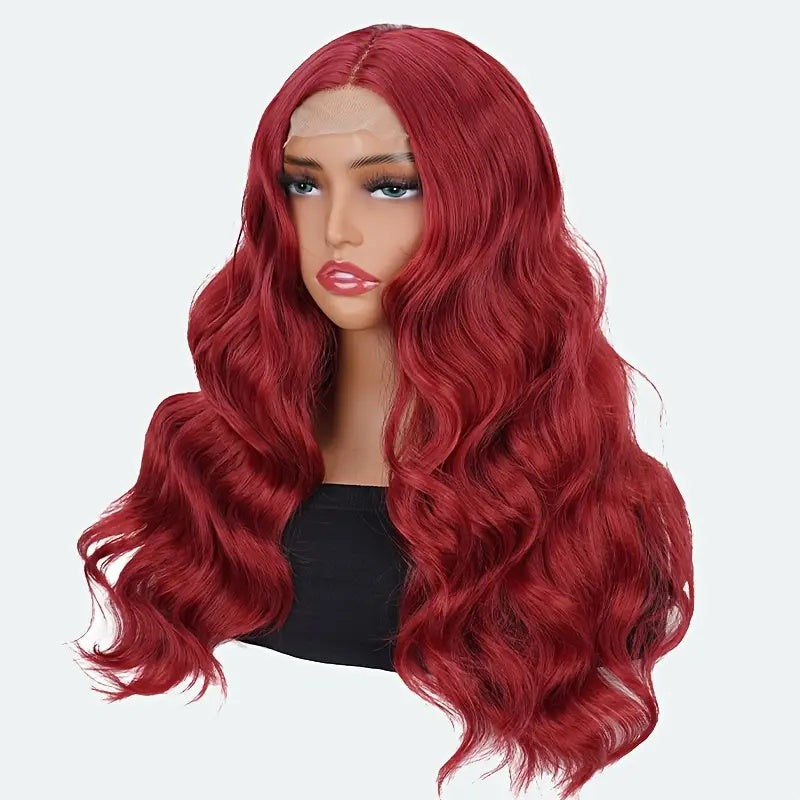 Elegant 24 Inch Red Wavy Synthetic Wig For Women, 4x1 Front Lace, High Temperature Fiber, Middle Part, Natural Look, Breathable, Comfortable, Versatile For Cosplay & Daily Use, All Ethnicities - DropOnline.co