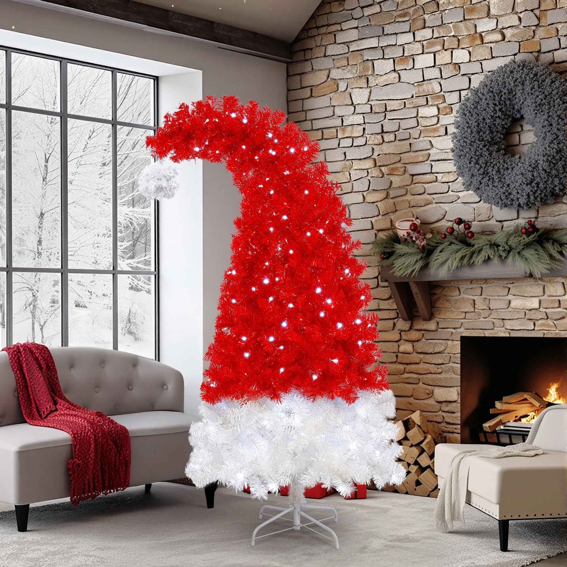 6FT Artificial Christmas Tree with LED Lights - Santa Hat Shape Whimsical Curved Tree (1050 Tips) - DropOnline.co