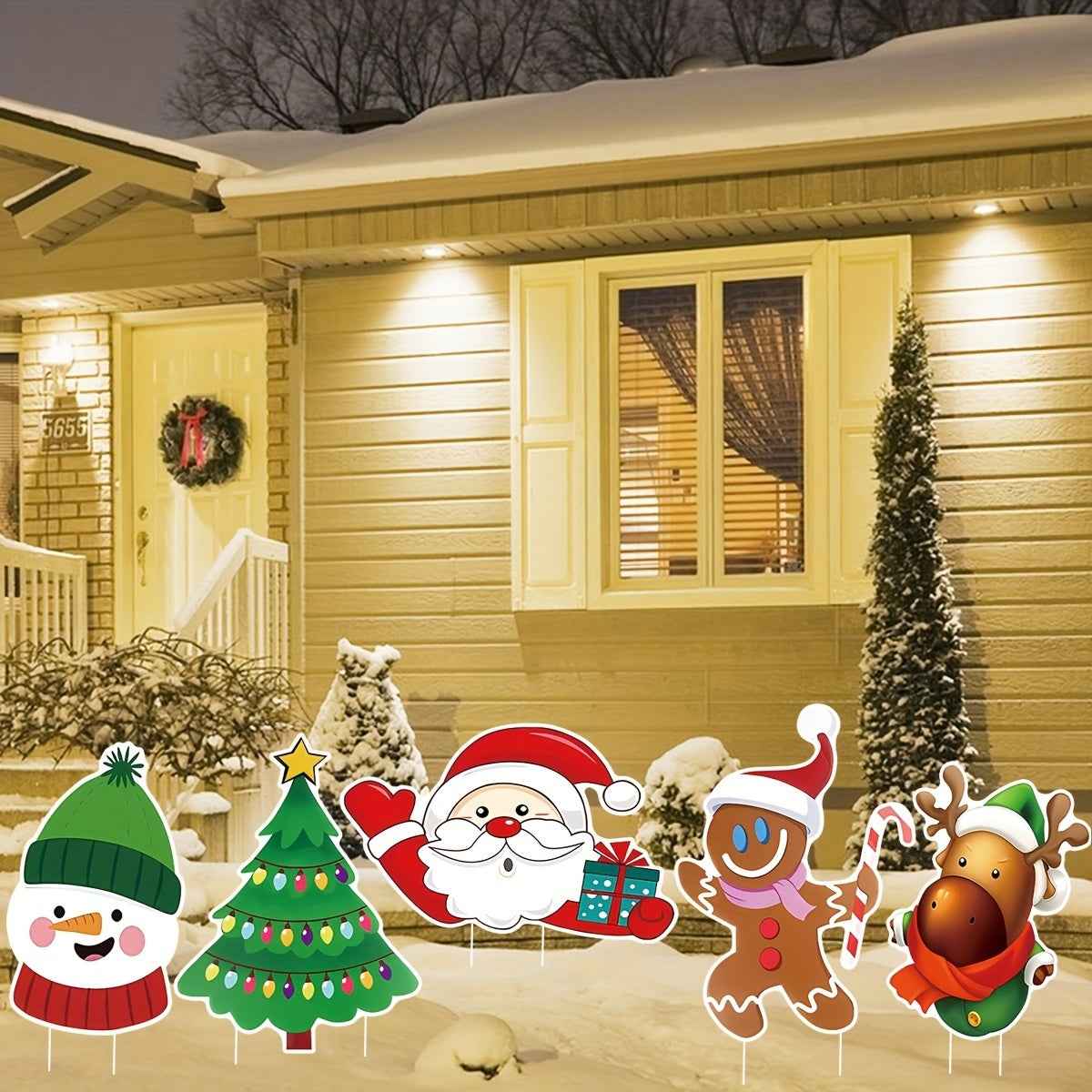 5 Pack Christmas Outdoor Yard Signs with Stakes - Tree Reindeer Santa Gingerbread - DropOnline.co