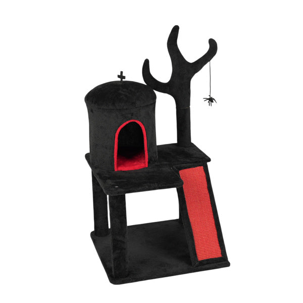 Gothic Cat Tree, Halloween Cat Tower Cat Tree With Spacious Cat Condo, Brach Shaped Scratching Post, Scratching Ladder, Spider Toy For Indoor Cats, Red & Black - DropOnline.co