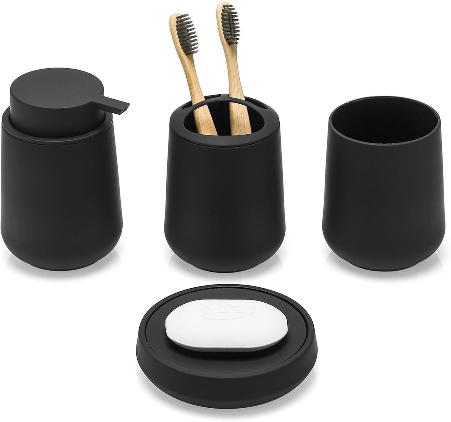 Matte Black Bathroom Accessories Set Plastic Soap Dispenser Toothbrush Holder Cup Soap Dish For Modern Bathroom Decor - DropOnline.co