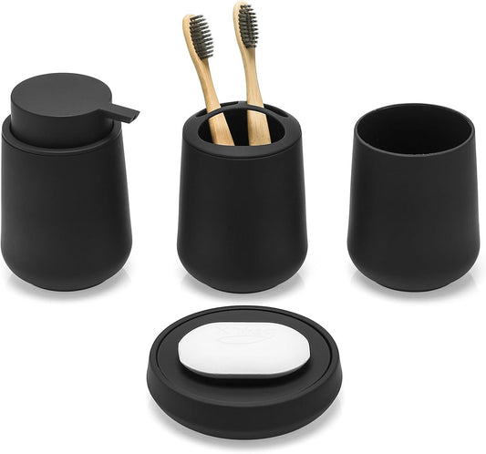 Matte Black Bathroom Accessories Set Plastic Soap Dispenser Toothbrush Holder Cup Soap Dish For Modern Bathroom Decor - DropOnline.co