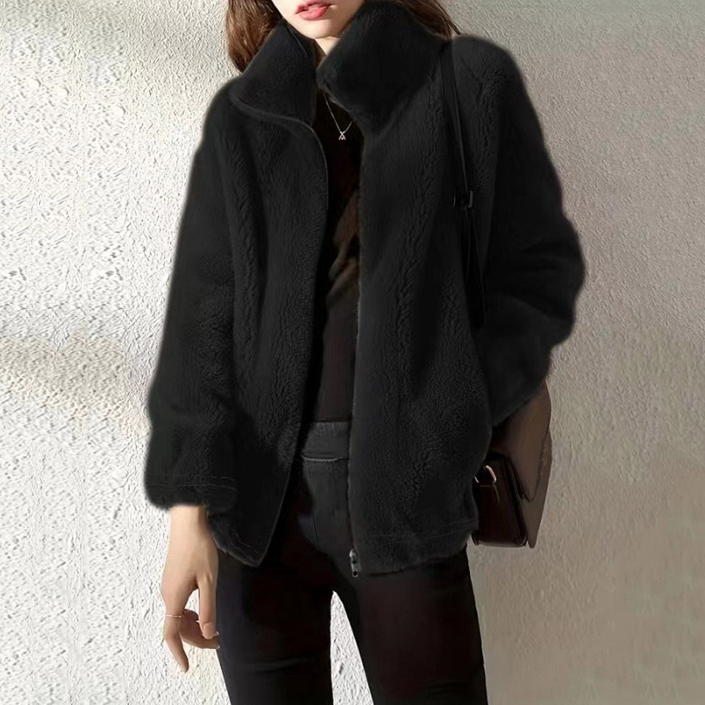Double Faced Fleece Warm High Neck Sweater Women Cardigan - DropOnline.co