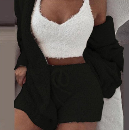 3pcs Womens Clothing Long Sleeve Crop Tank Top And Drawstring Shorts Pajama Set - DropOnline.co