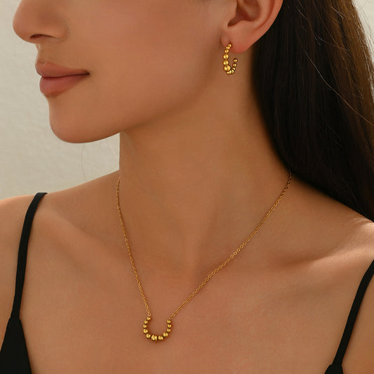Lxalry Golden Jewelry Set - Crescent Pendant Necklace & Earrings, Minimalist Metal Accessories, Elegant Everyday Jewelry, Perfect For Black Outfits, Dainty Clavicle Chain - DropOnline.co