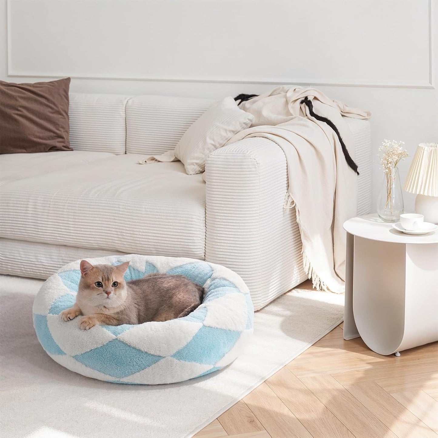 MEWOOFUN Donut Cat Bed For Indoor Cats - Round Washable Plush Pet Bed With Jacquard Shaggy Fabric & Non-Slip Bottom, Calming Small Dog Bed For Puppy & Kitten, 23 Inch Blue Check - DropOnline.co
