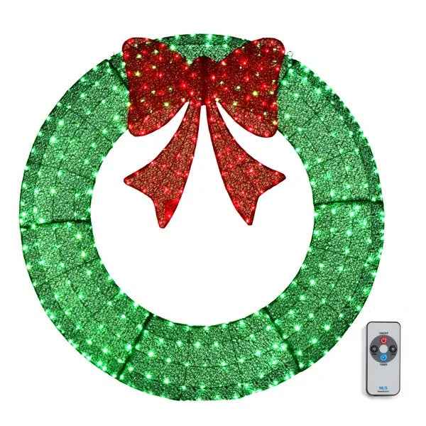 48in Pre-Lit Christmas Wreath - 315 LED Outdoor Decoration with Red Bow & Timer Remote - DropOnline.co