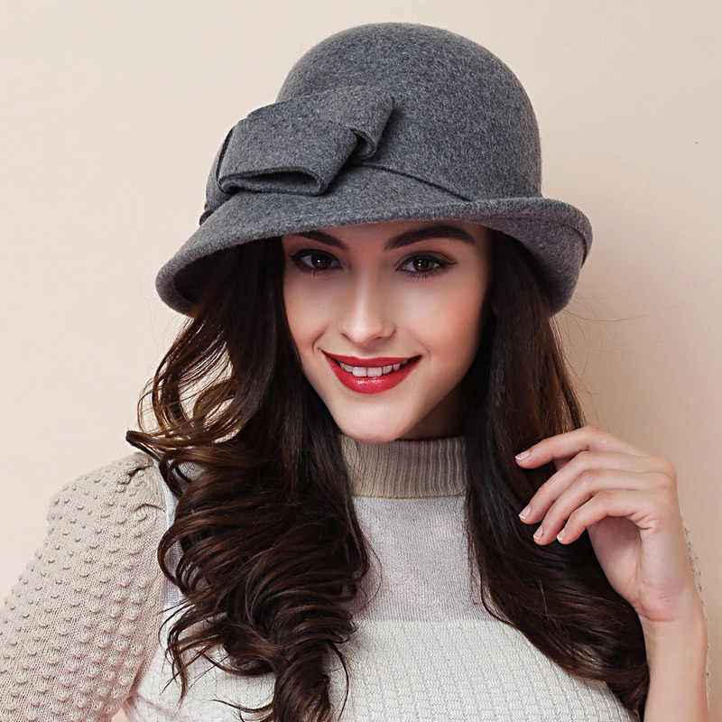 Women's French-Style Elegant Retro Woolen Bowler Hat with Curling Bow