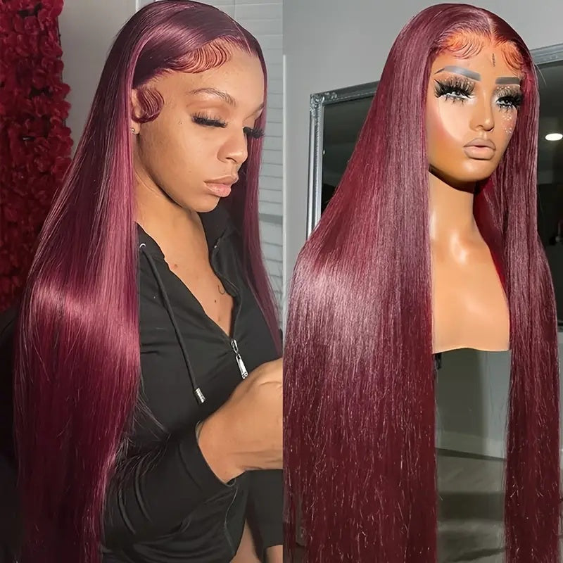 High Temperature Resistant Burgundy Long Straight Lace Non-toxic Wig, Pre-dial Hairline, Non-adhesive, Heat-resistant Synthetic Fiber, - DropOnline.co