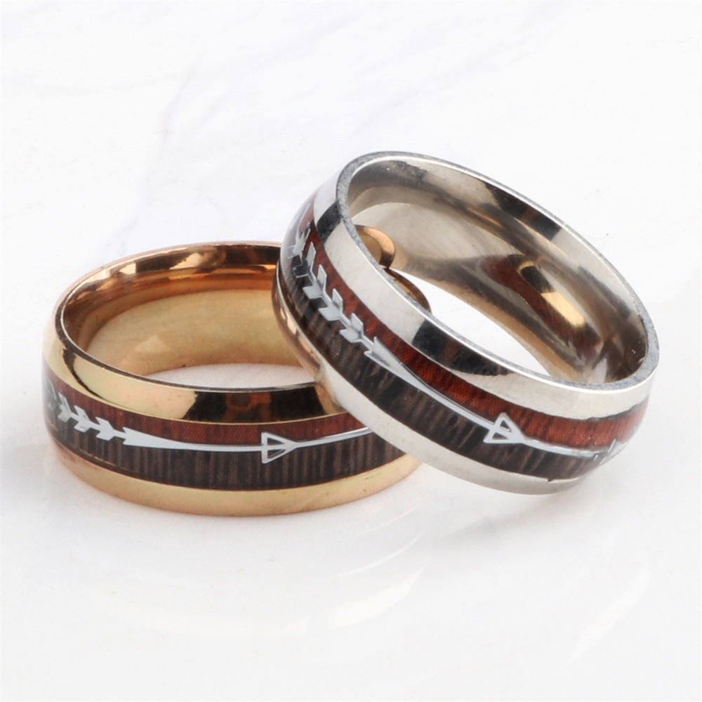 Stainless Steel Wood Grain Arrow Inlaid Ring - DropOnline.co