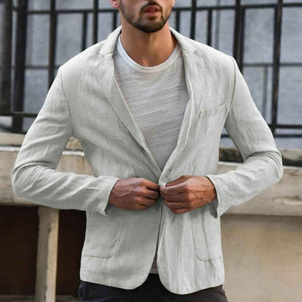 Men's Cotton Linen Solid Color Casual Suit Jacket - Lightweight Blazer