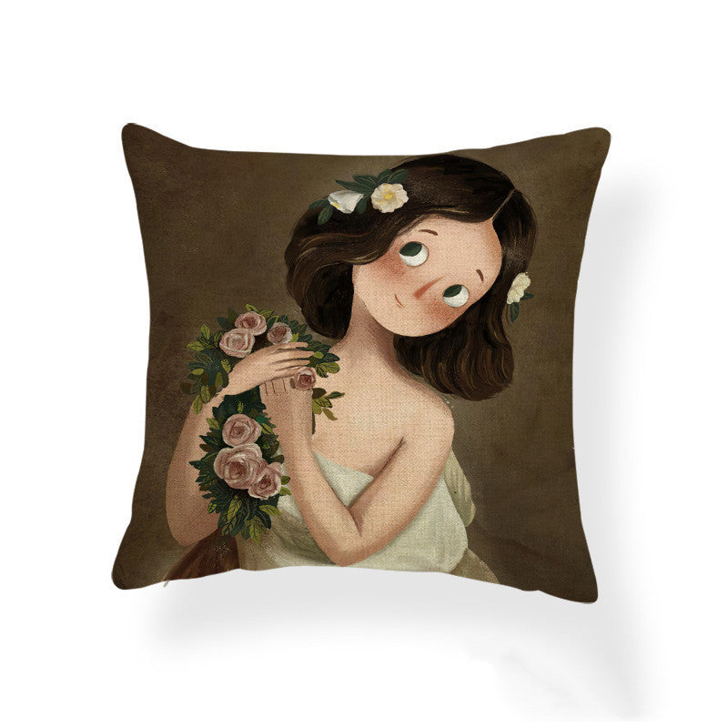 Cartoon Girl Printed Pillowcase Oil Painting Blended Cushion - DropOnline.co
