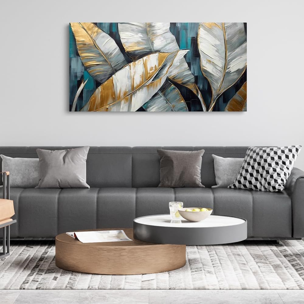 Handmade Oil Painting Canvas Wall Art Decoration Abstract Large Golden Green Banana Leaves Pictures Modern Family Bedroom Decor Rolled Frameless Unstretched Painting - DropOnline.co