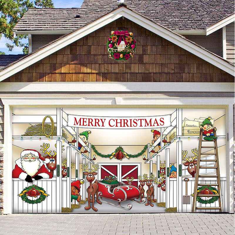 Christmas Garage Door Cover - Polyester Background Hanging Cloth Holiday Party Decoration - DropOnline.co