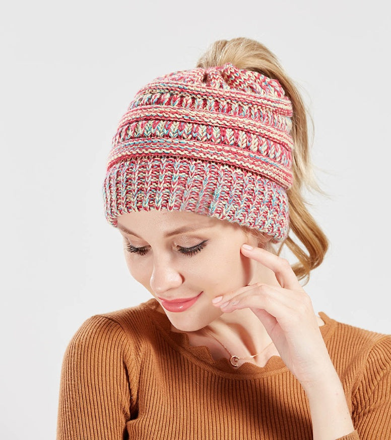 Women's Mixed Color Knitted Wool Hat - Ponytail Beanie - DropOnline.co