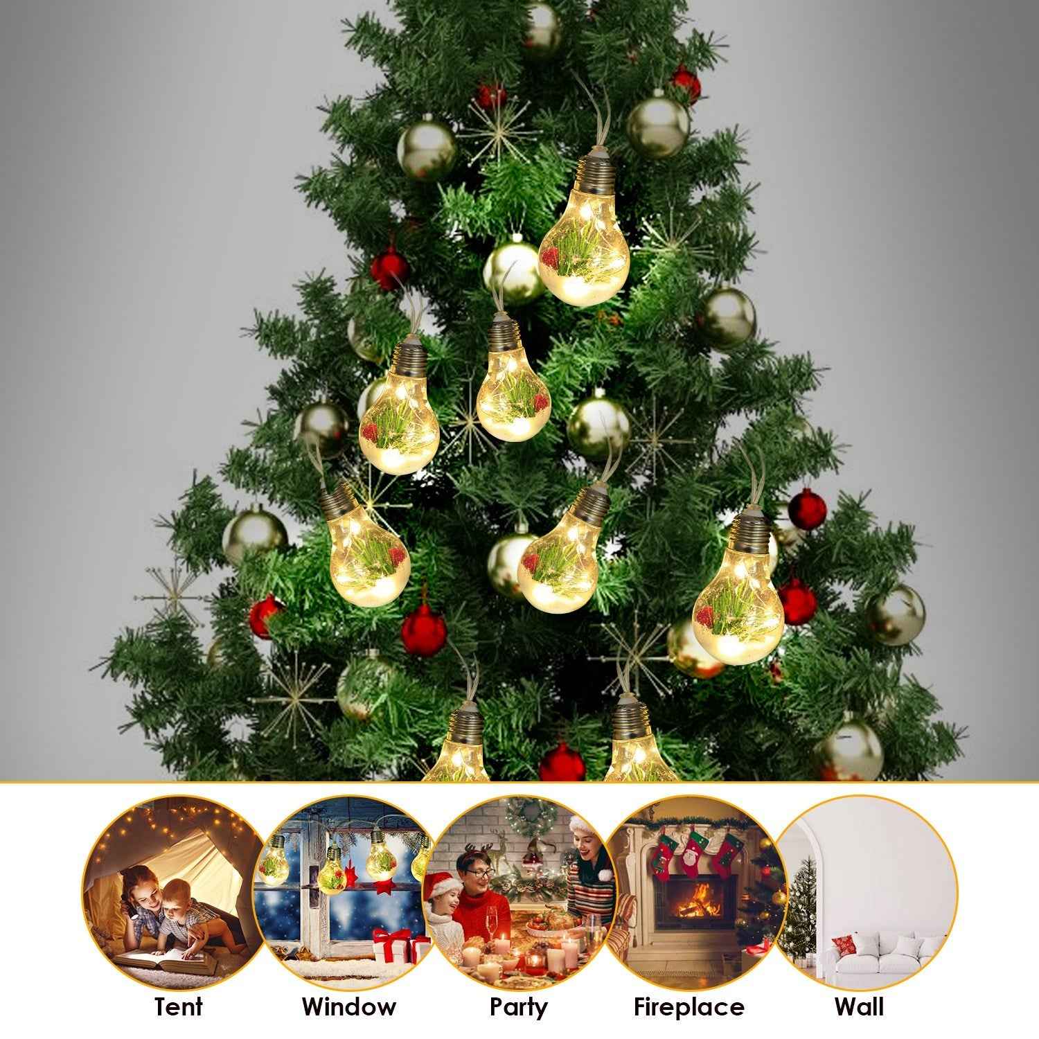 1Pc 13.78FT Christmas Snow Globe String Light Battery Powered 10 LED Bulbs Indoor Christmas Lights With Pine Needles Snowflakes Berries - DropOnline.co