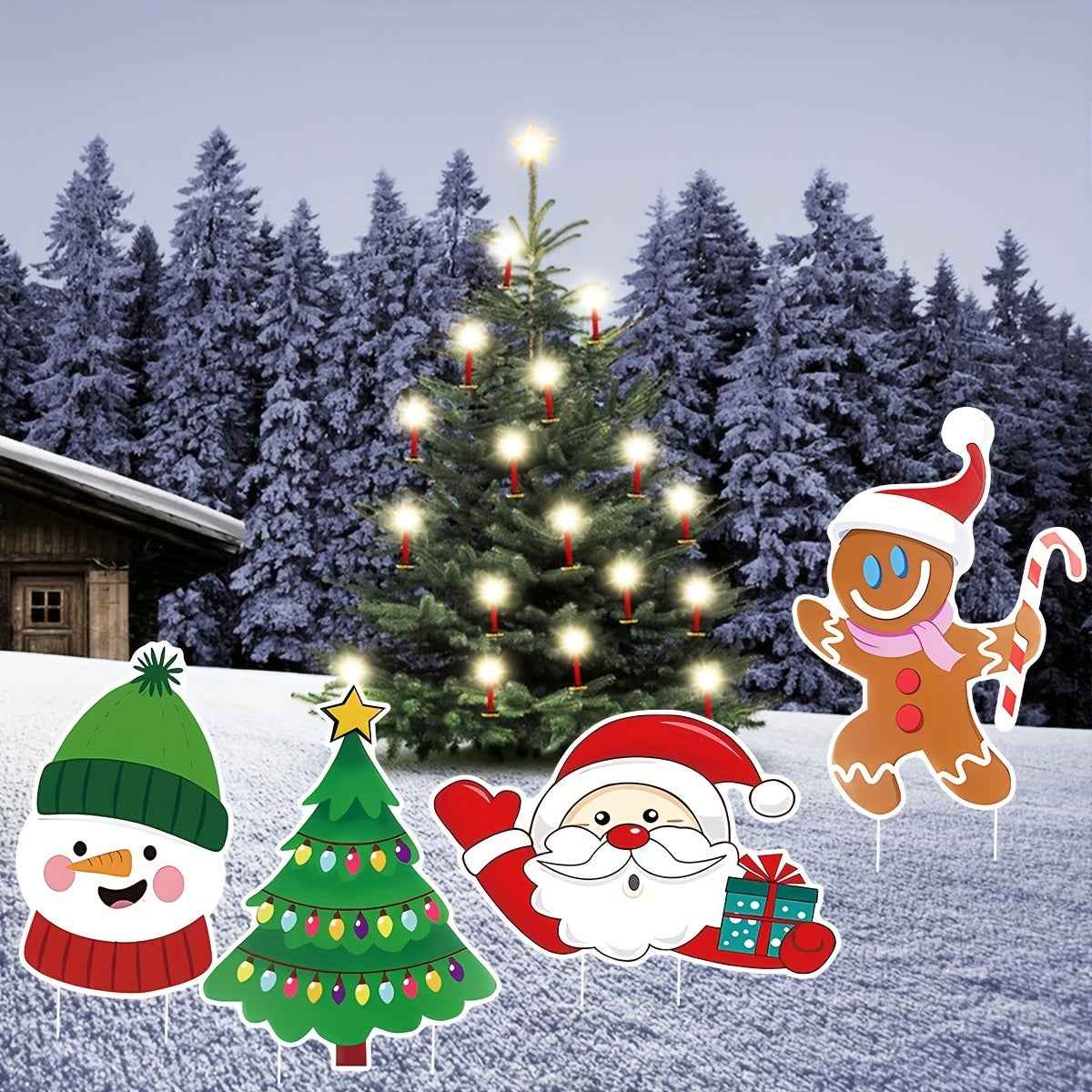 5 Pack Christmas Outdoor Yard Signs with Stakes - Tree Reindeer Santa Gingerbread - DropOnline.co