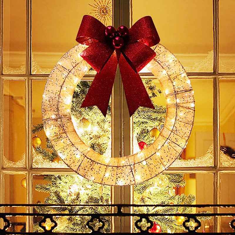 Christmas LED Wreath 50cm - Luminous Metal Garland with Bow & Warm Lights for Front Door - DropOnline.co