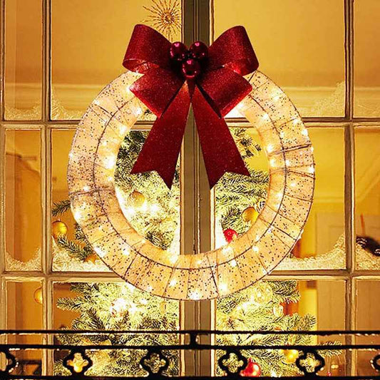 Christmas LED Wreath 50cm - Luminous Metal Garland with Bow & Warm Lights for Front Door - DropOnline.co
