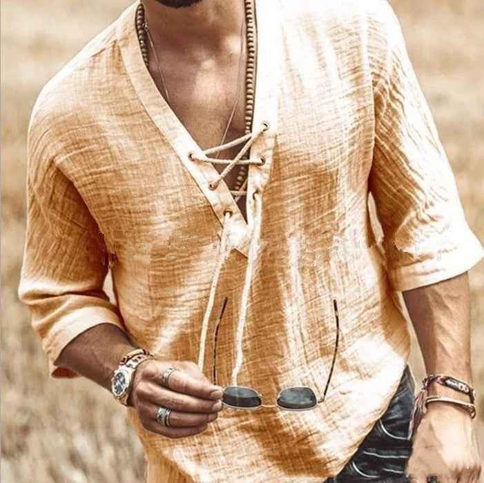 Men's Lace-Up Mid Sleeve T-Shirt - Unique Corn Design Casual Tee