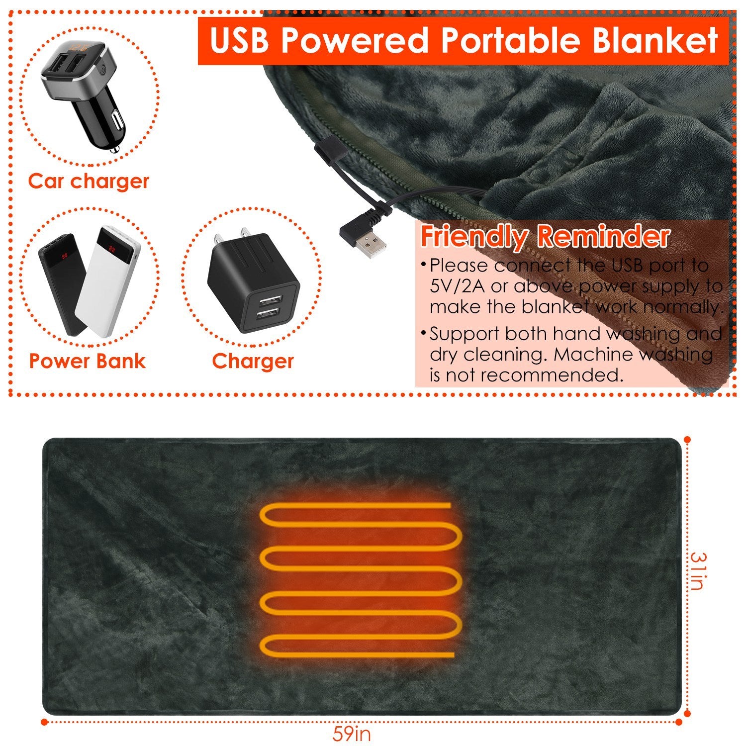 USB Heated Blanket Poncho - 59x31in Electric Heated Shawl Wrap with Zipper - DropOnline.co