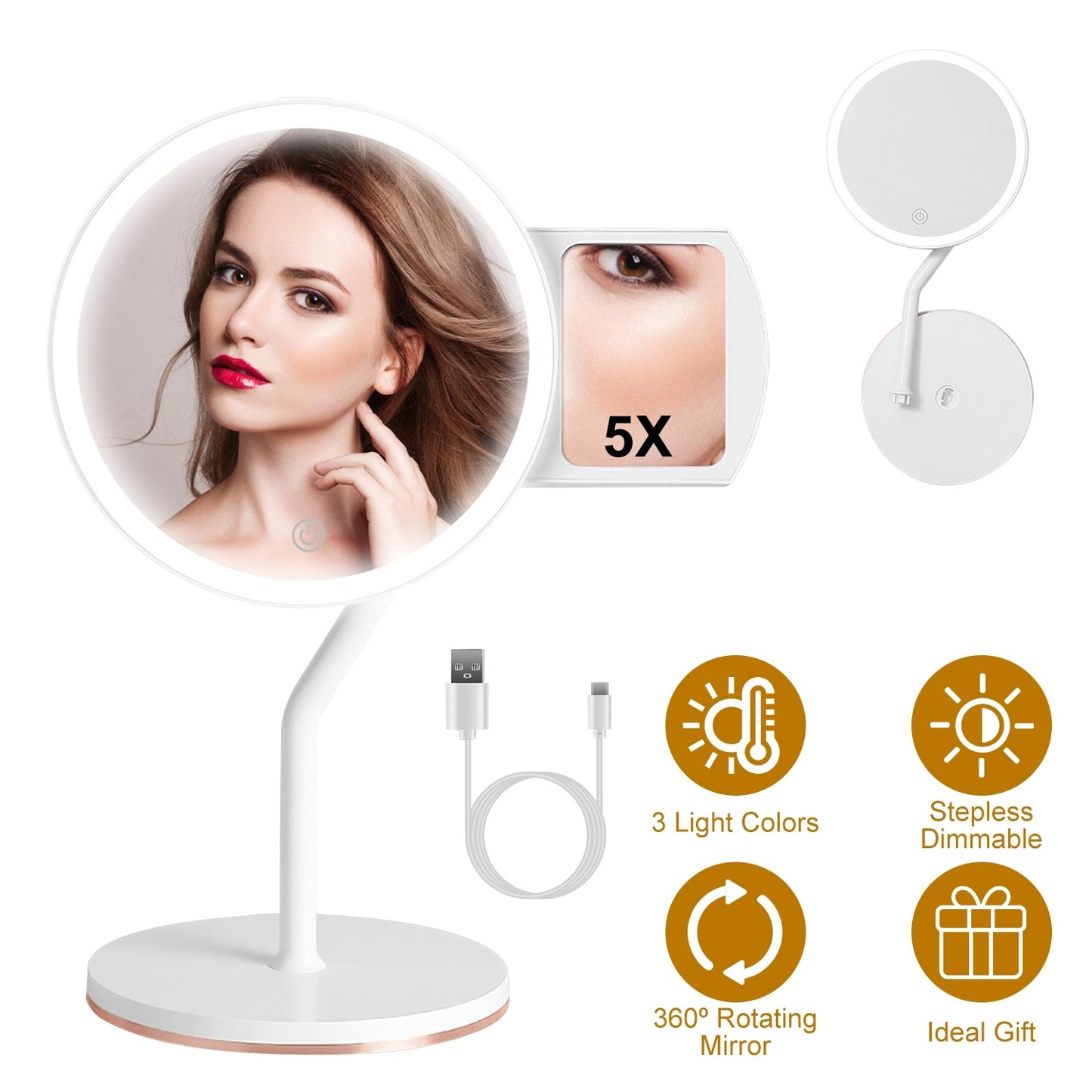 1Pc 7.48In 5X Magnifying Lighted Makeup Mirror Dimmable Magnification Mirror With Lights Lighted Vanity Mirror With 3 Light Colors - DropOnline.co