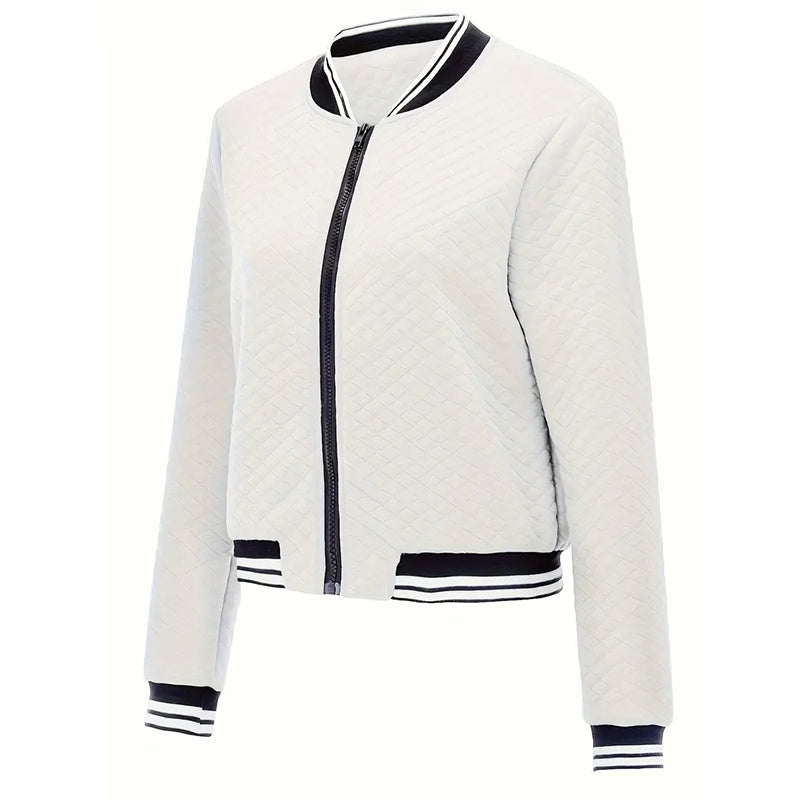 Women's Long Sleeve Contrast Trim Baseball Jacket - Casual Zip Up Sporty Top For Spring&Fall - DropOnline.co