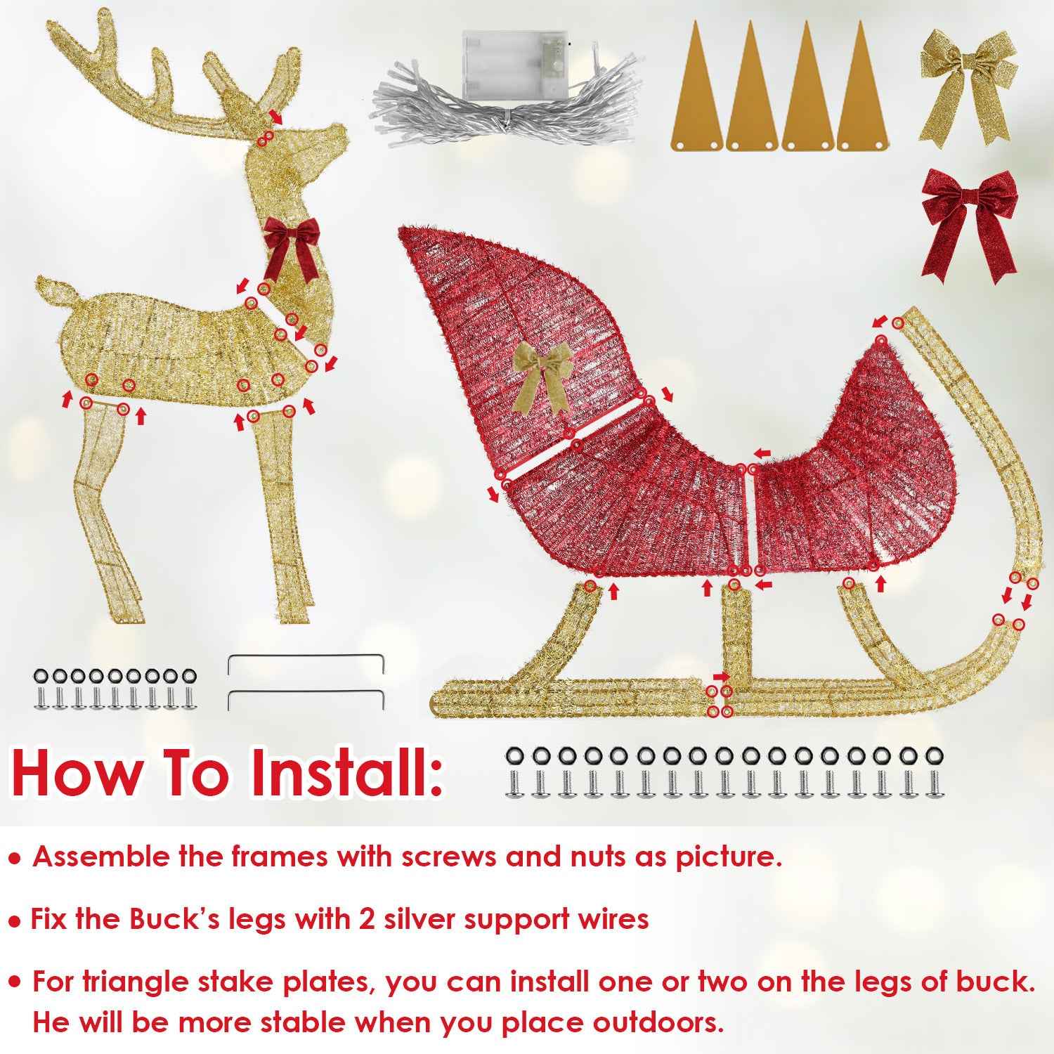 Lighted Christmas Reindeer & Sleigh - Indoor Outdoor Decoration with 8 Lighting Modes