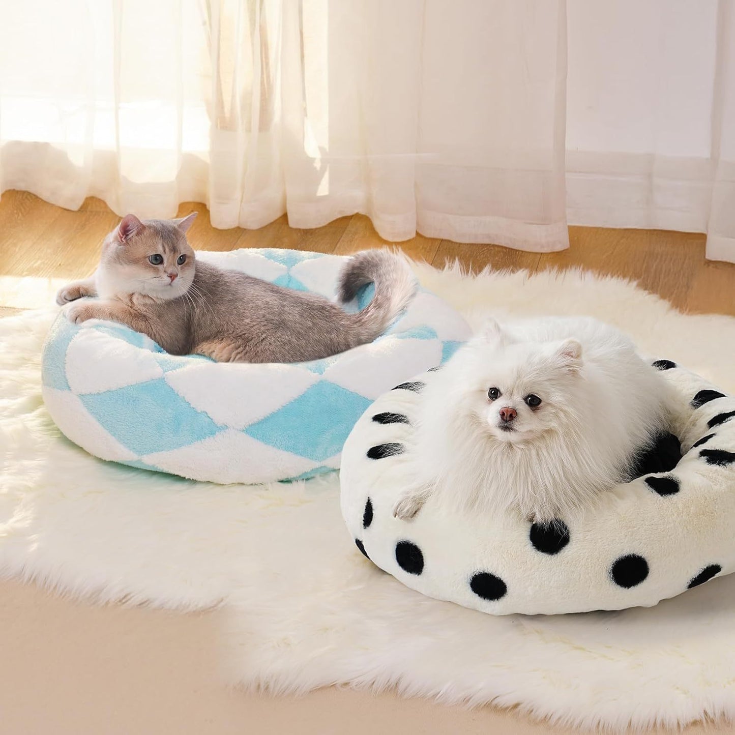 MEWOOFUN Donut Cat Bed For Indoor Cats - Round Washable Plush Pet Bed With Jacquard Shaggy Fabric & Non-Slip Bottom, Calming Small Dog Bed For Puppy & Kitten, 23 Inch Blue Check - DropOnline.co