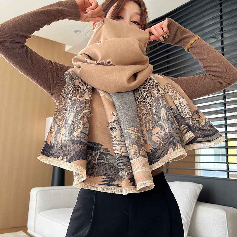 Vintage Plum Scarf - Women's Artificial Cashmere Thickened Double-Sided Student Shawl