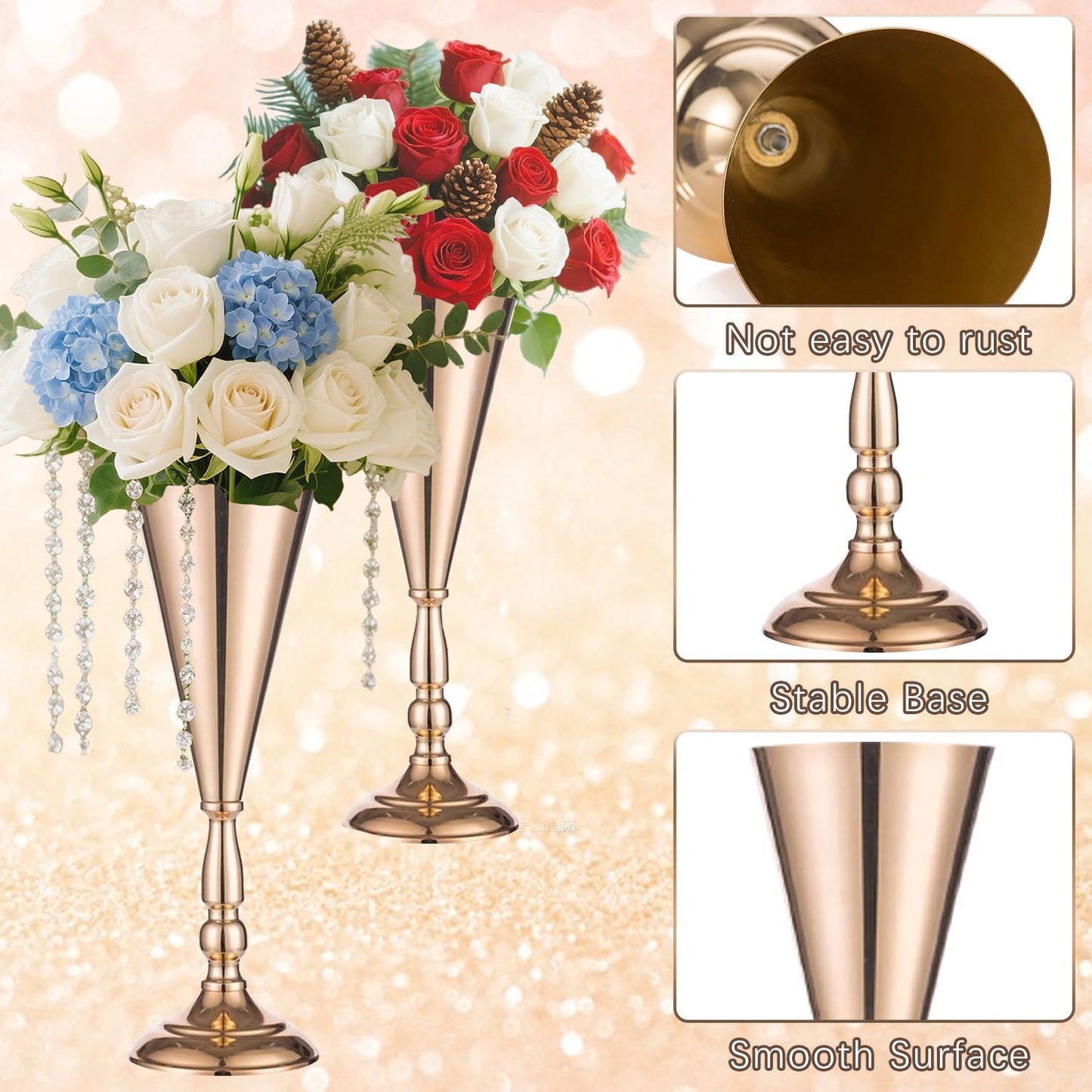 Golden Vase Flower Wedding Centerpieces For Tables 14 In Tall Flower Display Stand Wedding Metal Flower Arrangement Stand Trumpet Vase Tabletop Stand For Home Anniversary Ceremony Party - DropOnline.co