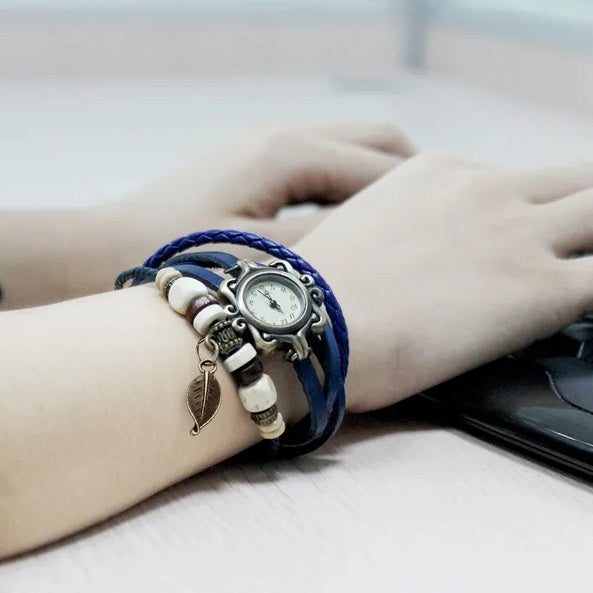 Beautiful Bohemian Style Retro Handmade Leather Tree Leaf Women's Watches Blue - DropOnline.co