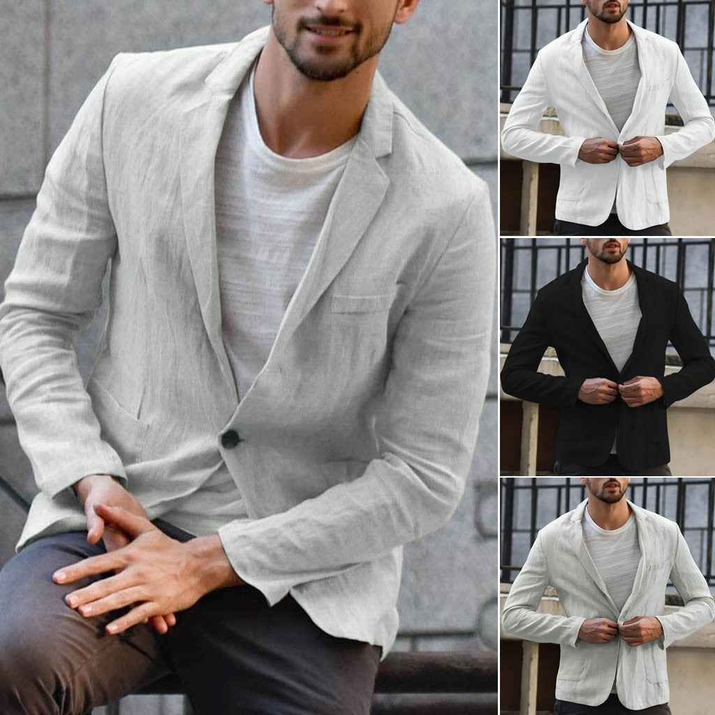 Men's Cotton Linen Solid Color Casual Suit Jacket - Lightweight Blazer