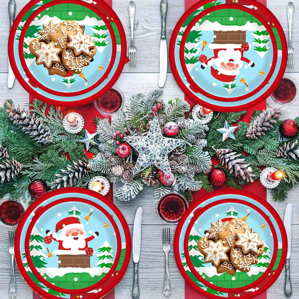 Christmas Paper Plates and Cups Set for 10 Guests - Santa Claus Elk Pattern - DropOnline.co