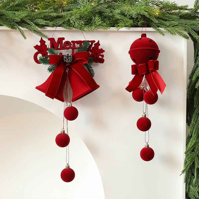 Christmas Flocked Bell Pendant - Wine Red Jingling Ornament Window Door Decoration - DropOnline.co