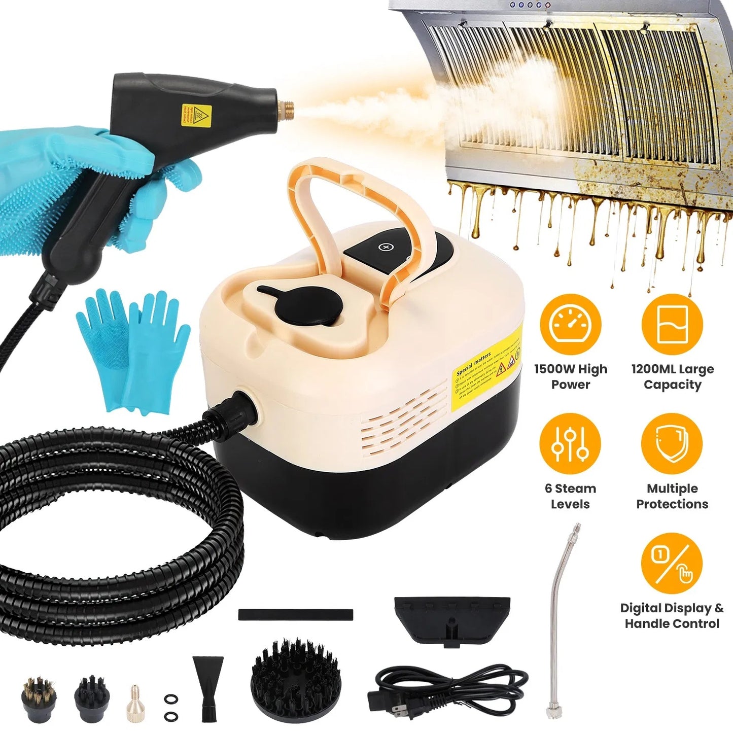 1500W Handheld High Temperature And Pressure Steamer Cleaner With 1200ML Tank 8 Accessories 6 Steam Levels Digital Display Handle Control For Dirt Grease Grout Tile Floor Couch Car - DropOnline.co
