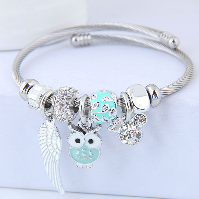 DIY Beaded Owl Angel Wings Pendant Stainless Steel Bracelet - DropOnline.co