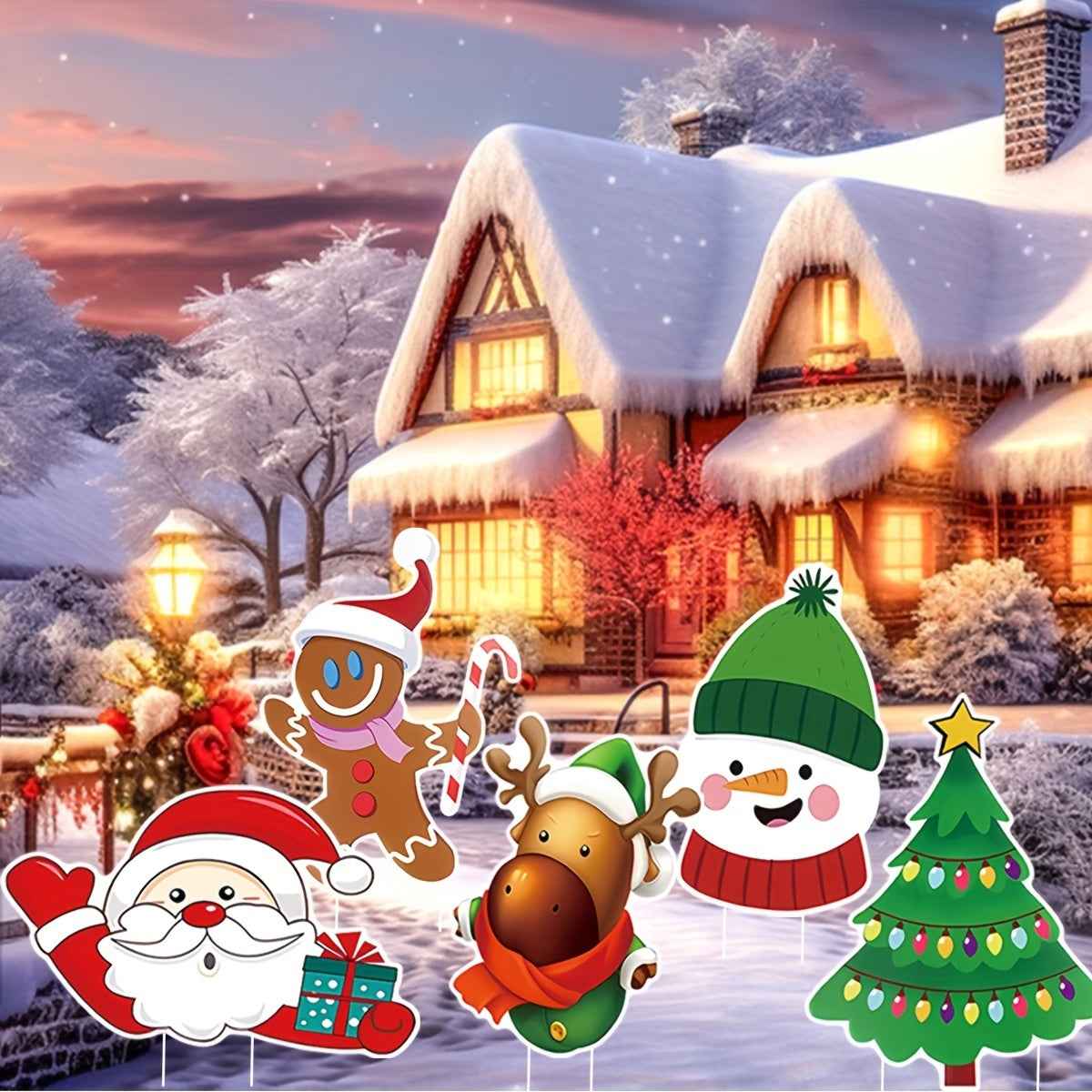 5 Pack Christmas Outdoor Yard Signs with Stakes - Tree Reindeer Santa Gingerbread - DropOnline.co