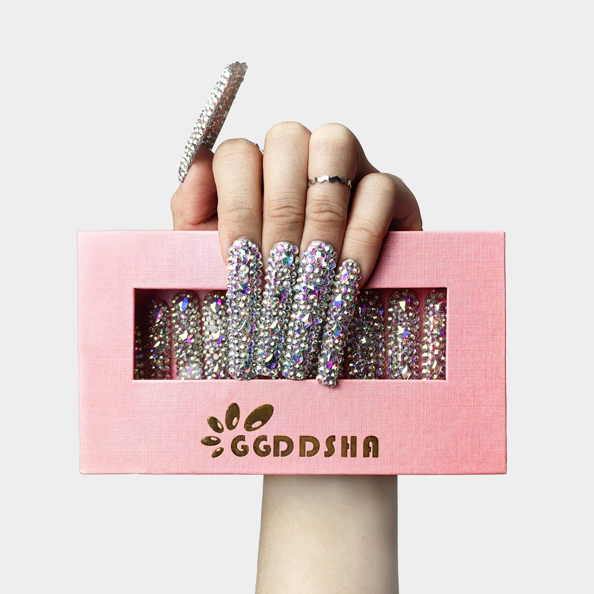 GGddsha 2025 Long Novel Design And Reusable PMMAAcrylic Press On Nails  Handmade Nails Full CoverLuxurious 3D Crystal False Nails With Box Gifts,Stellar Shine - DropOnline.co