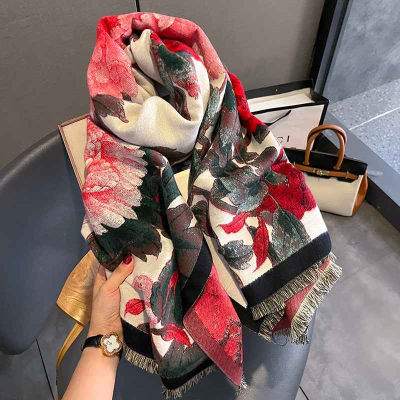 Retro Floral Artificial Cashmere Scarf - Women's Thick Warm Winter Scarf