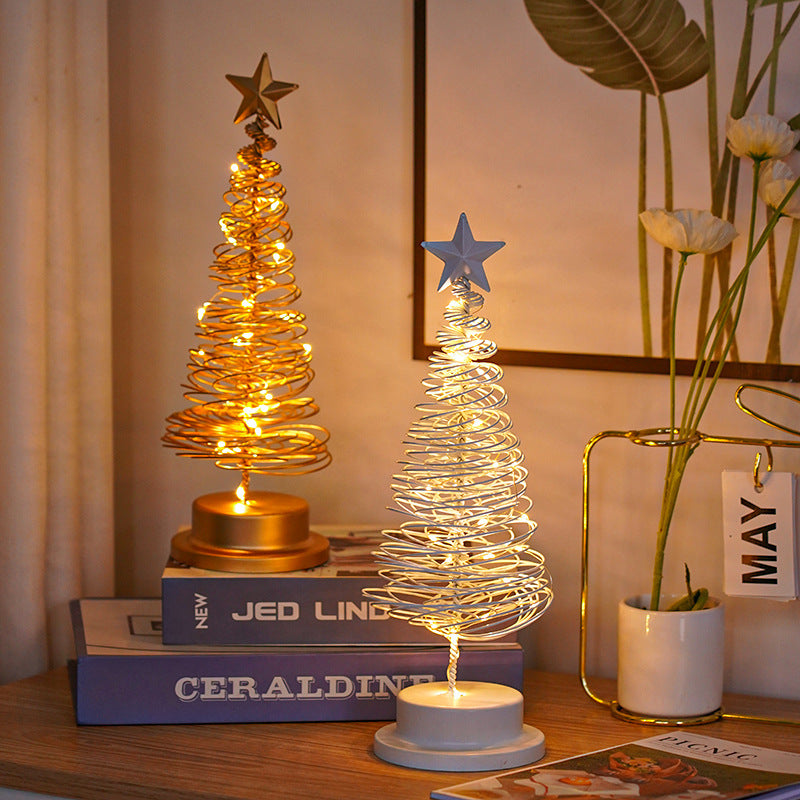 LED Christmas Tree Spiral Light Table Ornament Wrought Iron Xmas Tree Bedroom Desk Lamp Christmas Atmosphere Night Light Decor - DropOnline.co