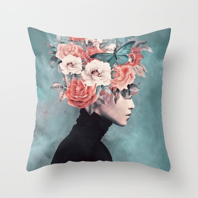 Abstract Print Flower Lady Cushion Cover - Artistic Pillow Cases for Modern Home Decor - DropOnline.co