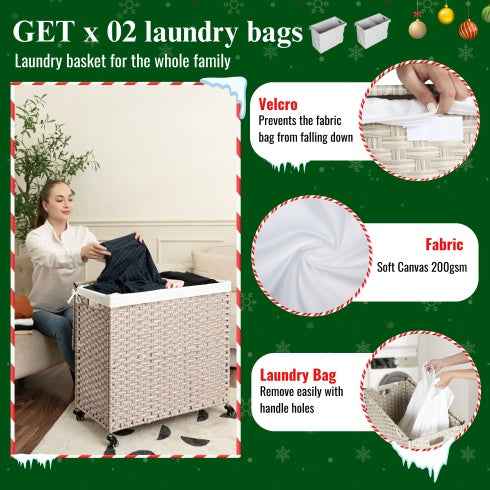 Laundry Hamper with Lid - PE Rattan 160L with Removable Bags & Wheels, Gray - DropOnline.co